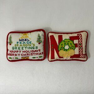 2 Vntg Christmas Ornaments Embroidered Mini Pillows Doll 4"x 5" NOEL JOY PEACE